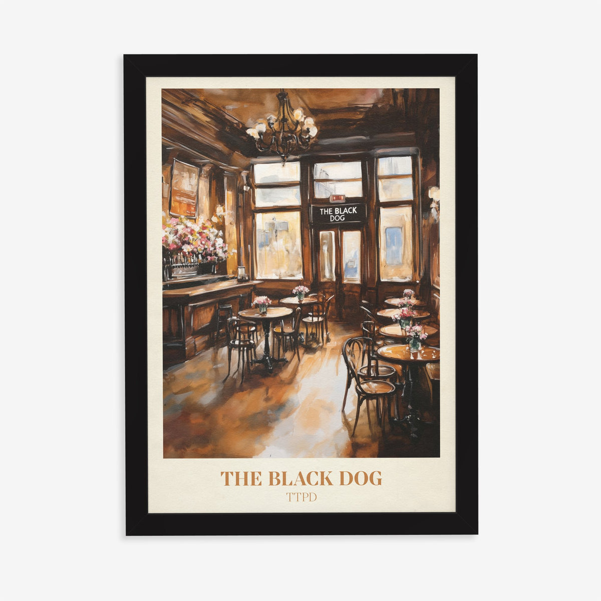 The Black Dog Taylor Swift print of a wood-panelled pub with bistro tables and a chandelier, in a black frame on a plain wall