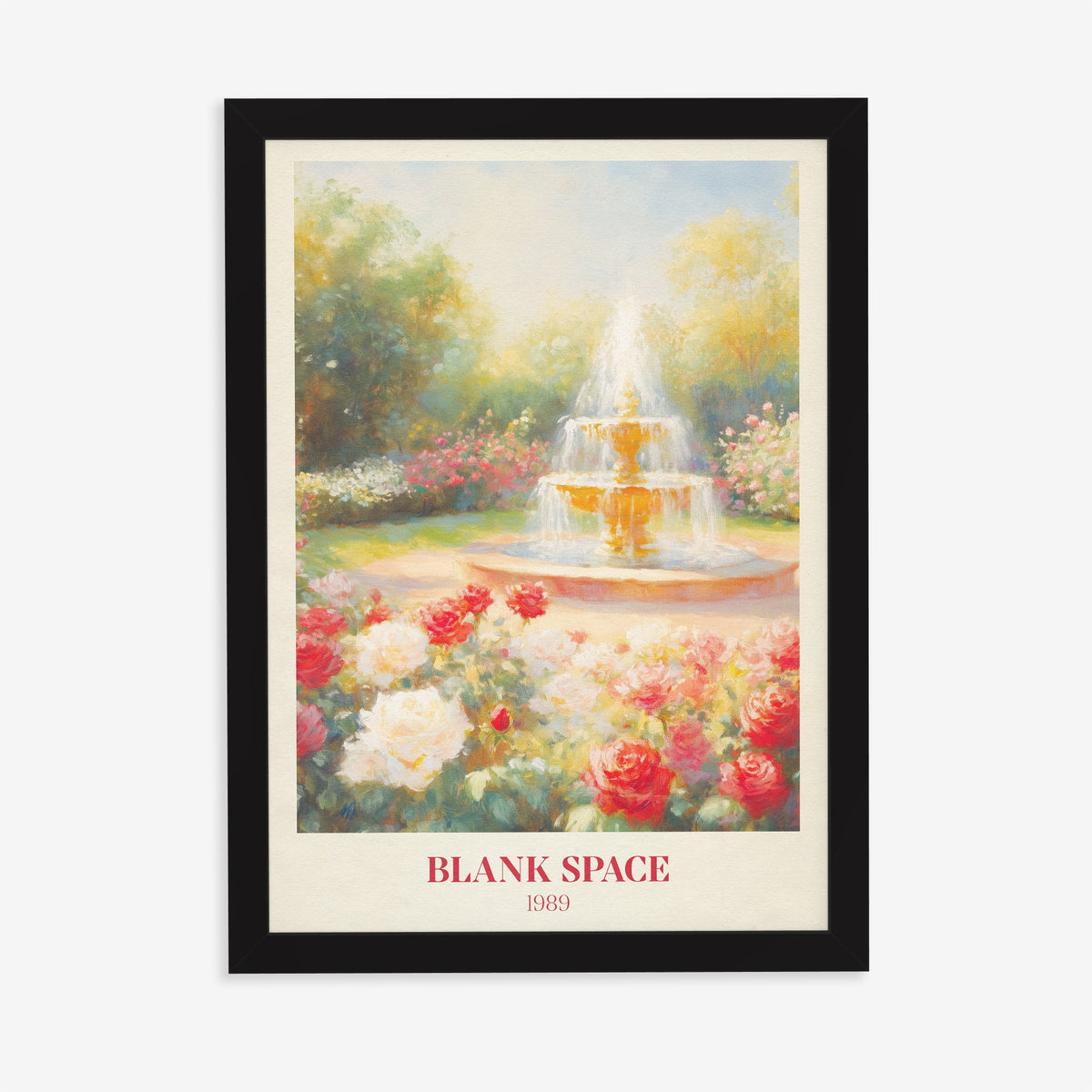 Blank Space Taylor Swift print of a garden fountain among red and white roses, in a black frame on a plain wall