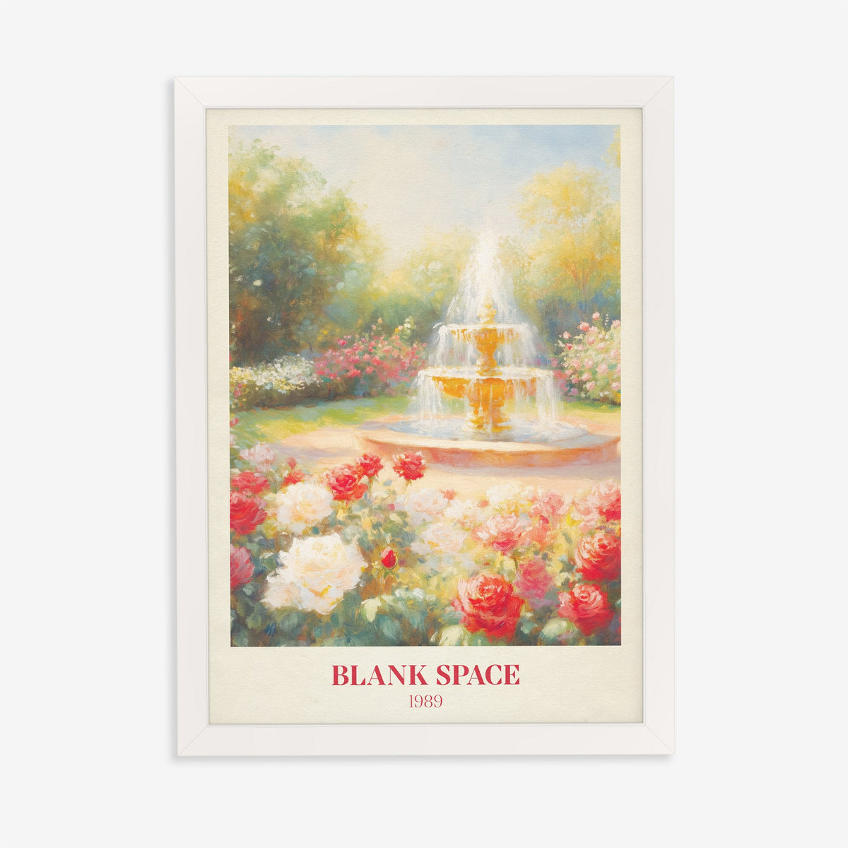 Blank Space Taylor Swift print of a garden fountain among red and white roses, in a white frame on a plain wall