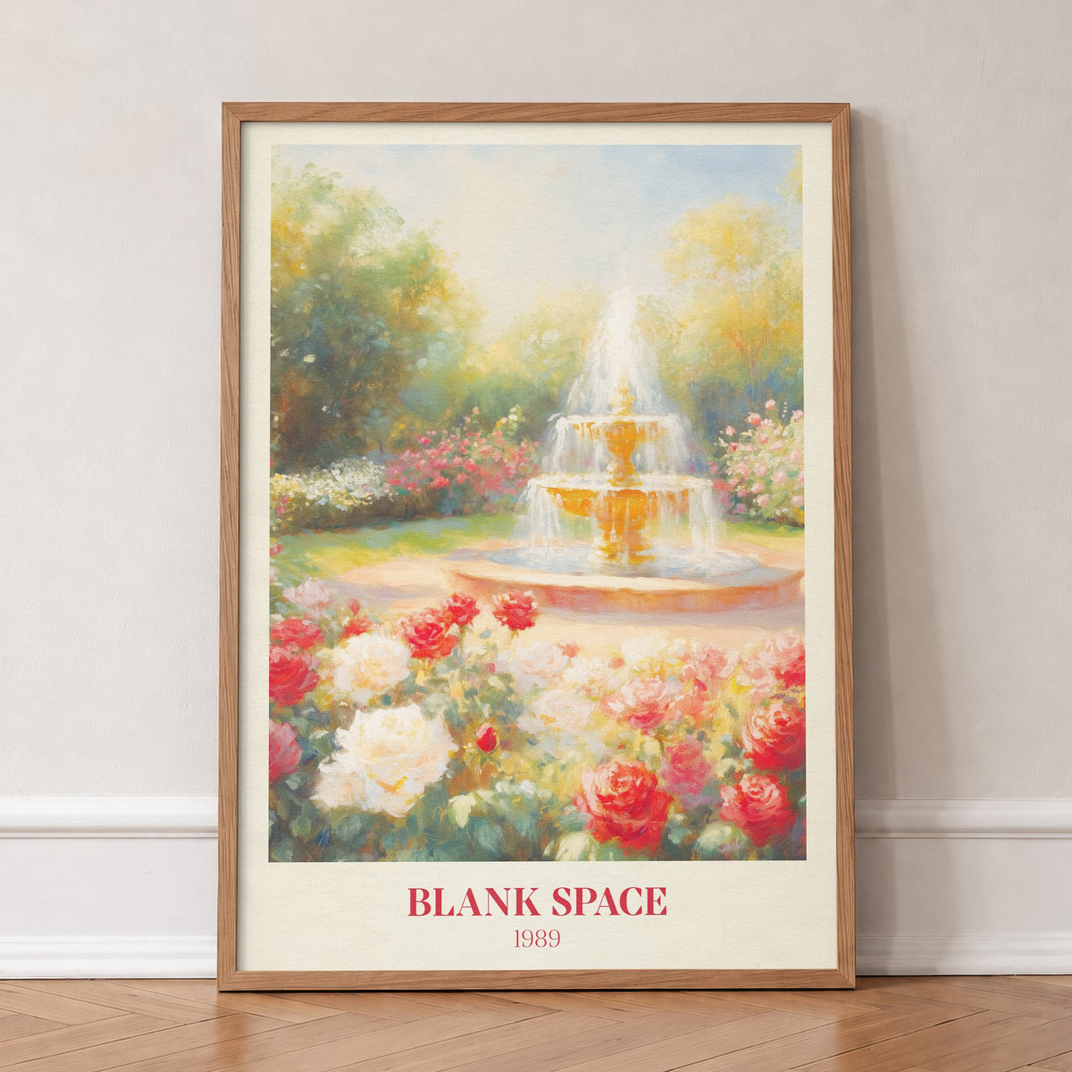 Blank Space Taylor Swift print of a garden fountain among red and white roses, in an oak frame, leaning against a wall on a herringbone floor