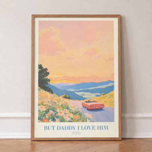 But Daddy I Love Him Taylor Swift print of a red convertible driving into a sunset, in an oak frame, leaning against a wall on a herringbone floor