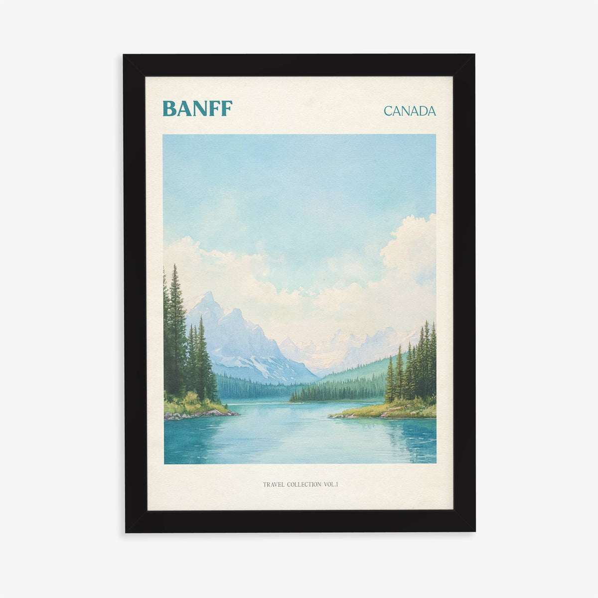 Banff travel print of snowy mountains and pine trees around a turquoise lake, in a black frame on a plain wall