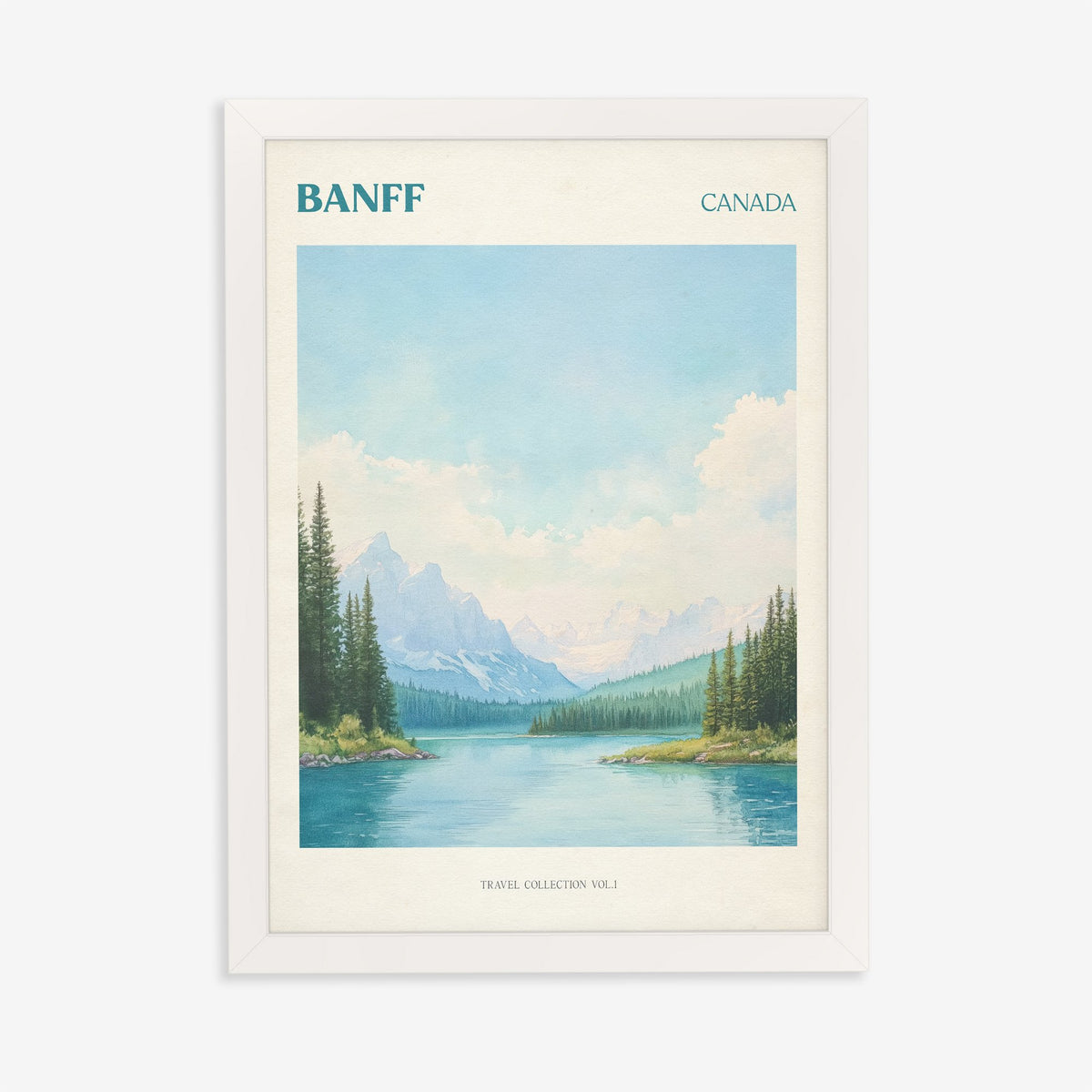 Banff travel print of snowy mountains and pine trees around a turquoise lake, in a white frame on a plain wall