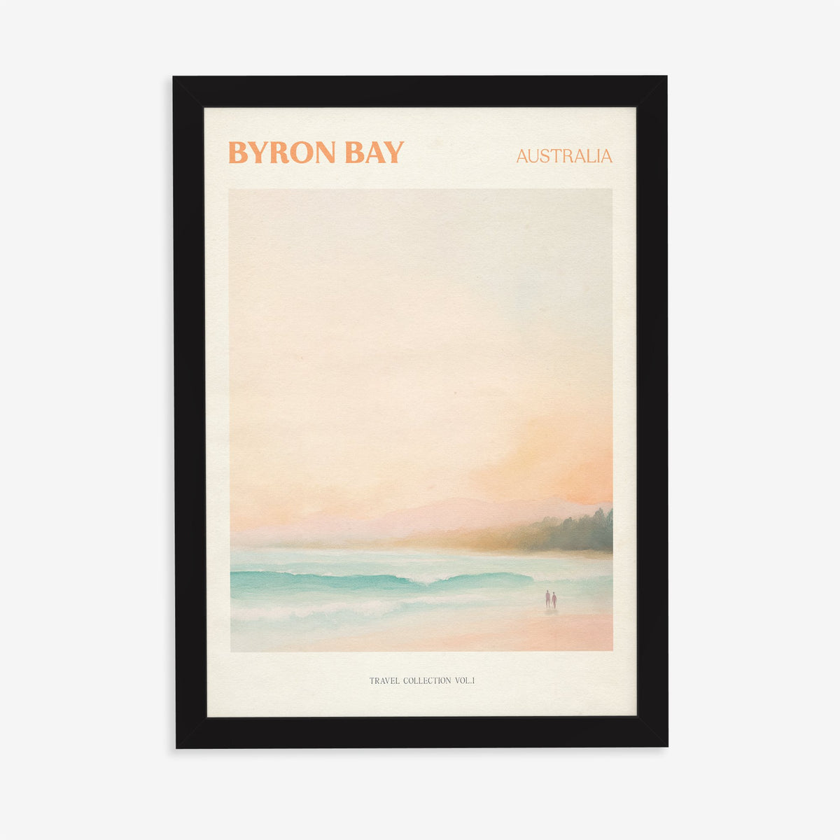 Byron Bay travel print of a pastel beach at first light with two people on the sand, in a black frame on a plain wall