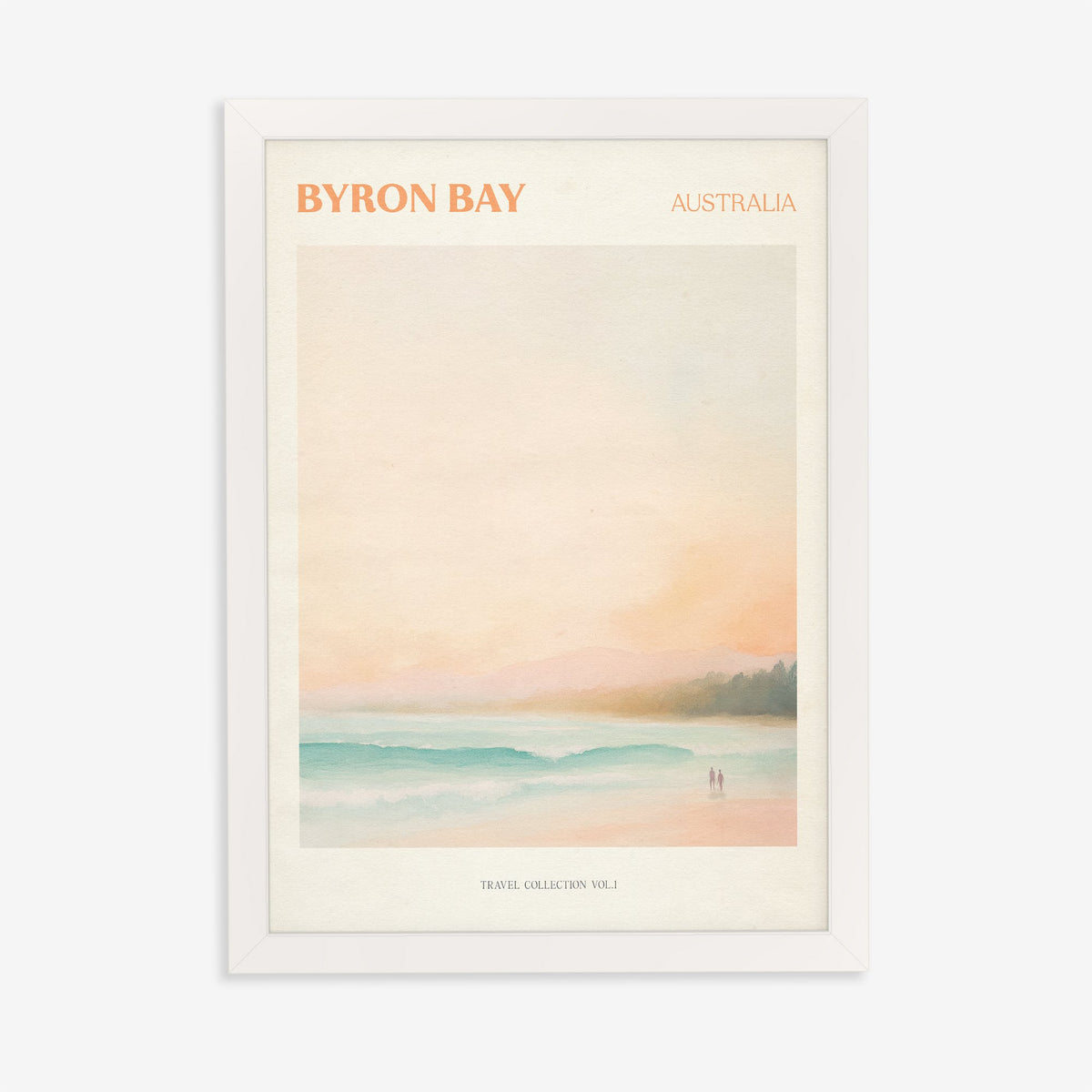 Byron Bay travel print of a pastel beach at first light with two people on the sand, in a white frame on a plain wall