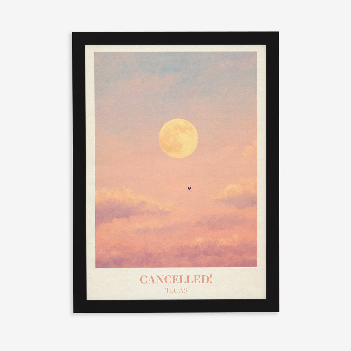 Cancelled Taylor Swift print of a full moon and a lone bird in a peach sky, in a black frame on a plain wall