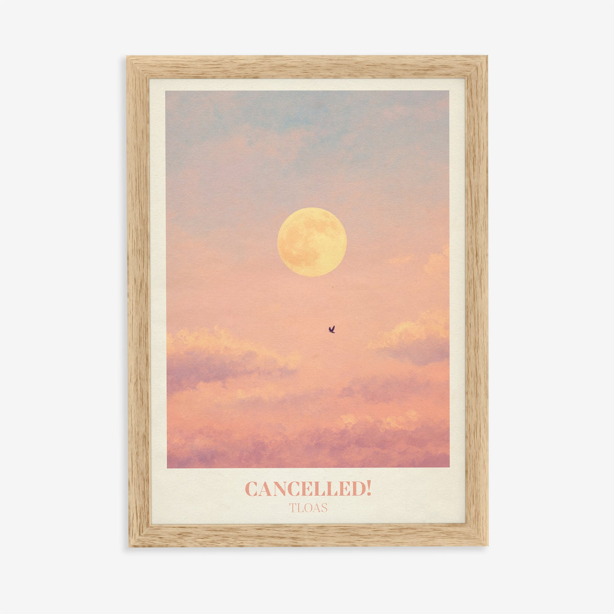 Cancelled Taylor Swift print of a full moon and a lone bird in a peach sky, in an oak frame on a plain wall