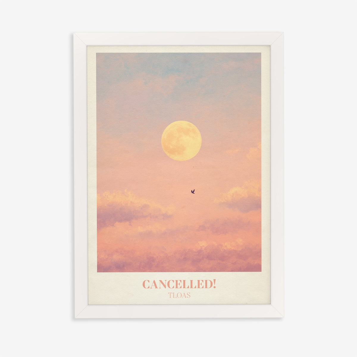 Cancelled Taylor Swift print of a full moon and a lone bird in a peach sky, in a white frame on a plain wall
