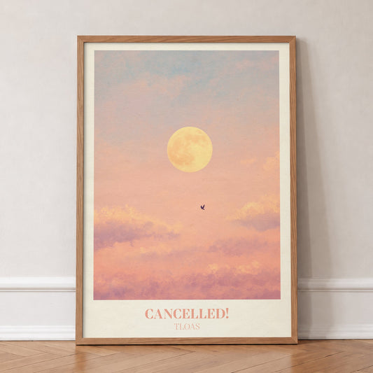 Cancelled Taylor Swift print of a full moon and a lone bird in a peach sky, in an oak frame, leaning against a wall on a herringbone floor