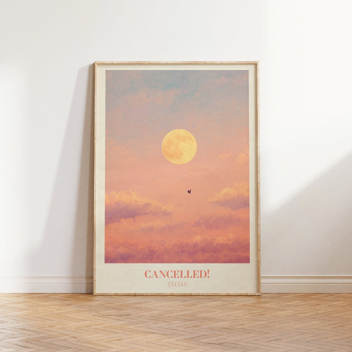 Cancelled lyric wall art print inspired by Taylor Swift leaning against a white wall on a wooden herringbone floor in soft daylight