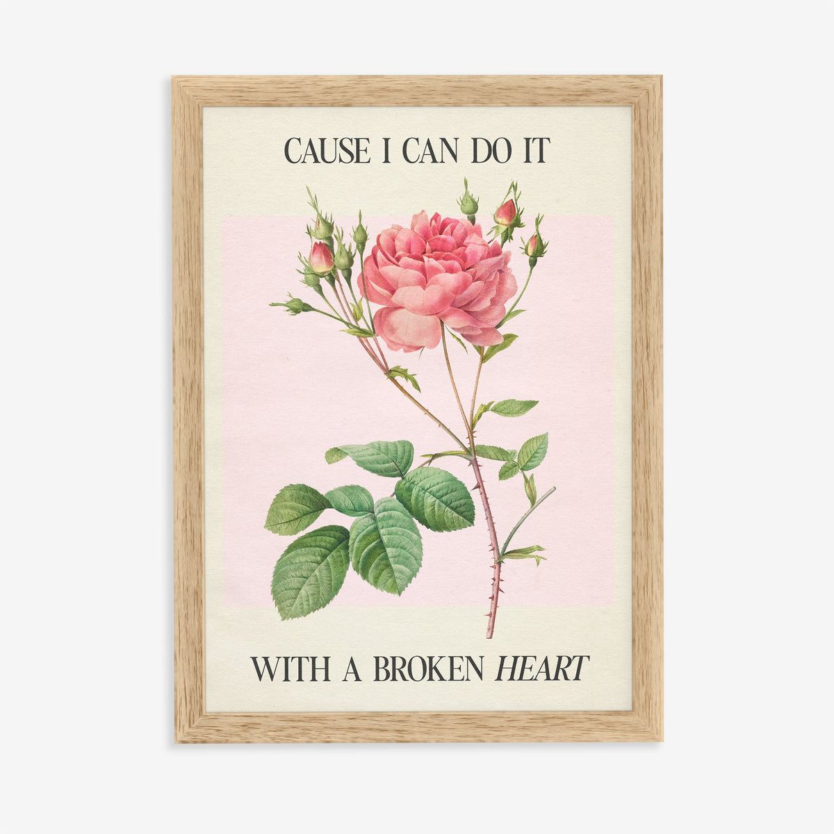 Cause I Can Do It With A Broken Heart Taylor Swift print of a coral pink rose on pale pink, in an oak frame on a plain wall