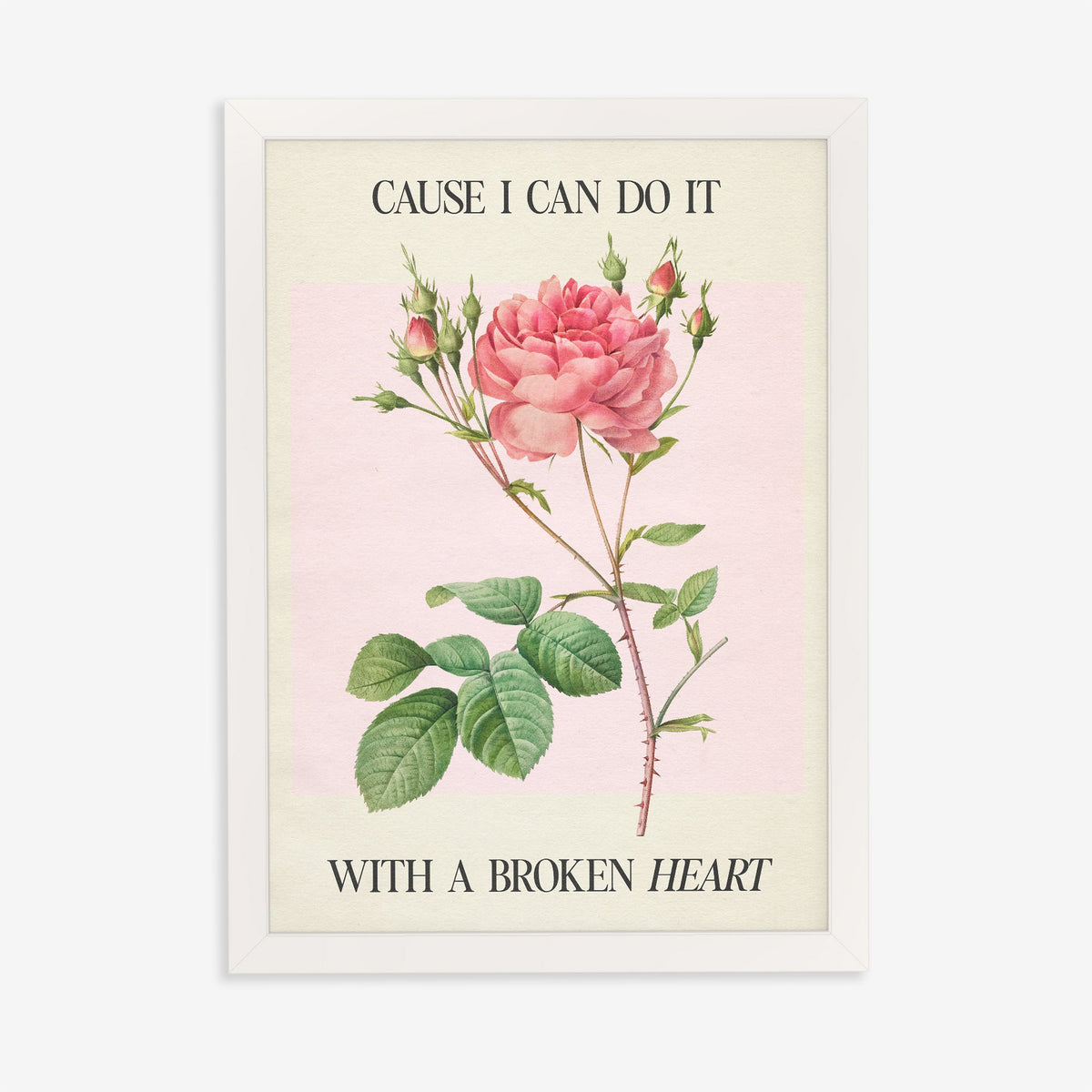 Cause I Can Do It With A Broken Heart Taylor Swift print of a coral pink rose on pale pink, in a white frame on a plain wall