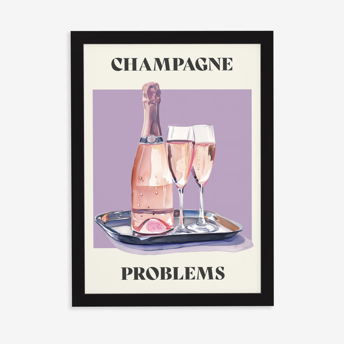 Champagne Problems Taylor Swift print of a pink champagne bottle and two glasses on a tray, in a black frame on a plain wall
