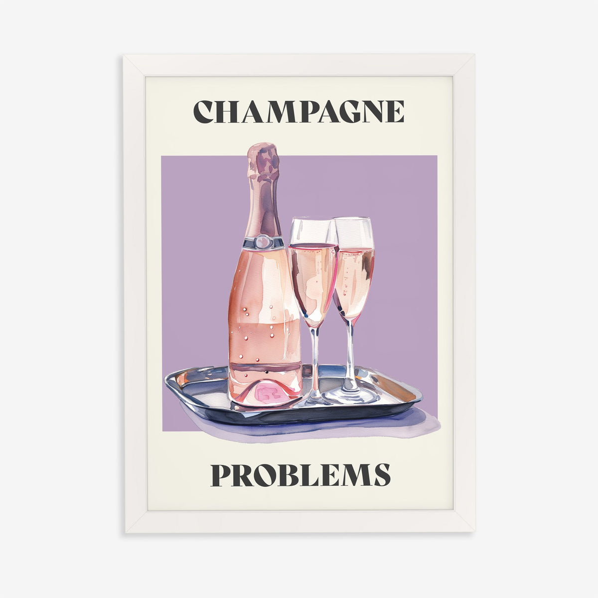 Champagne Problems Taylor Swift print of a pink champagne bottle and two glasses on a tray, in a white frame on a plain wall