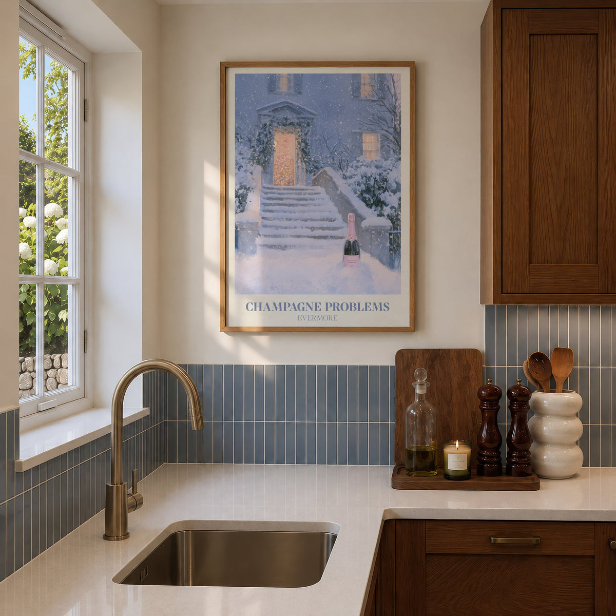 Champagne Problems Winter Taylor Swift print of champagne on snowy steps, hung in a sunlit kitchen with blue tiles