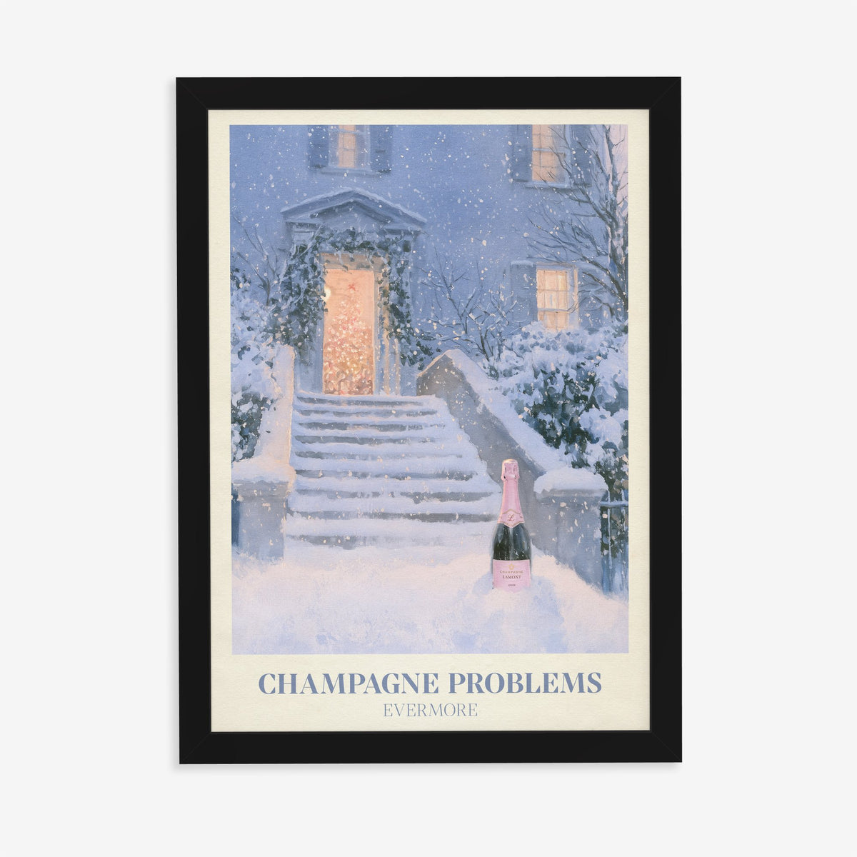 Champagne Problems Winter Taylor Swift print of champagne on snowy steps, in a black frame on a plain wall