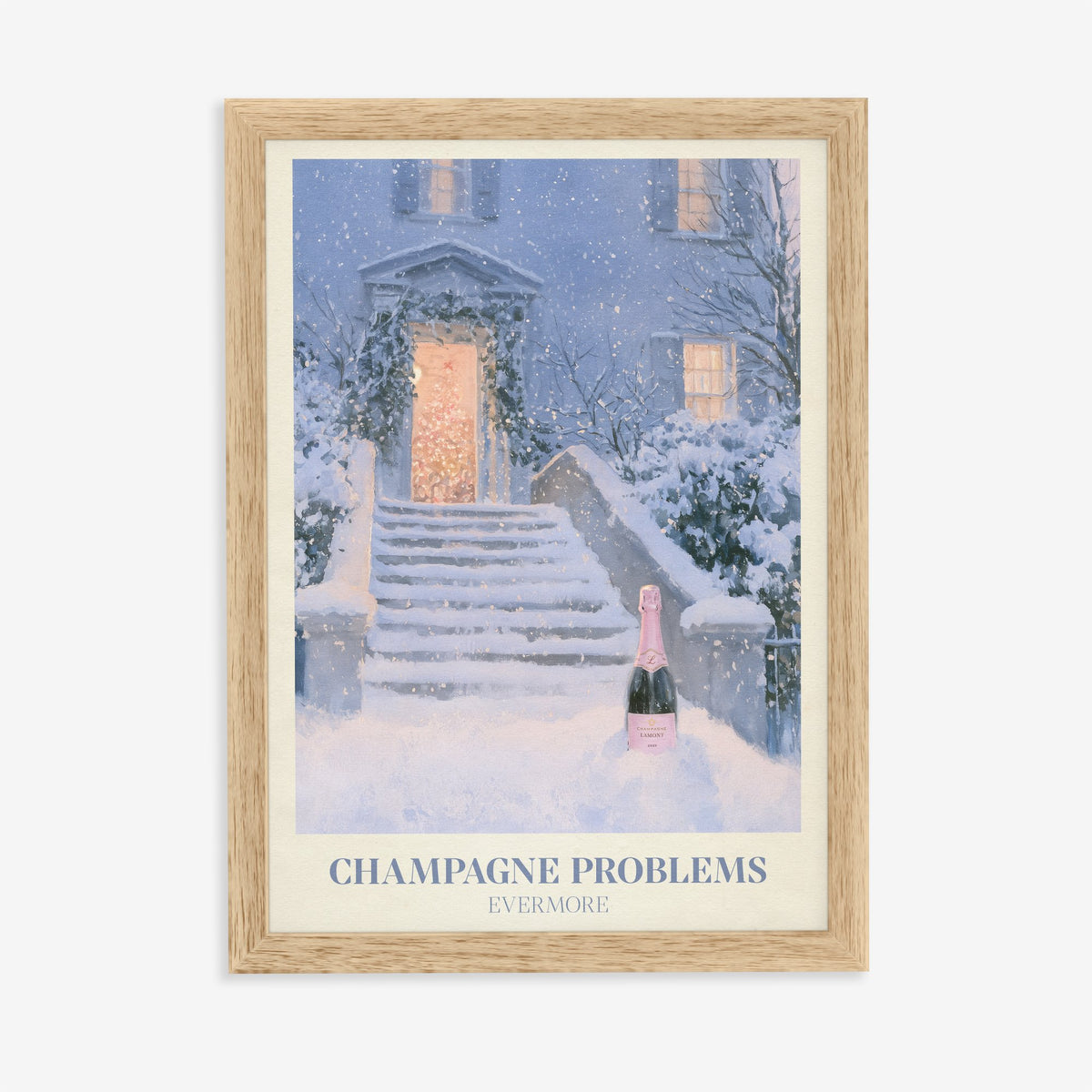 Champagne Problems Winter Taylor Swift print of champagne on snowy steps, in an oak frame on a plain wall