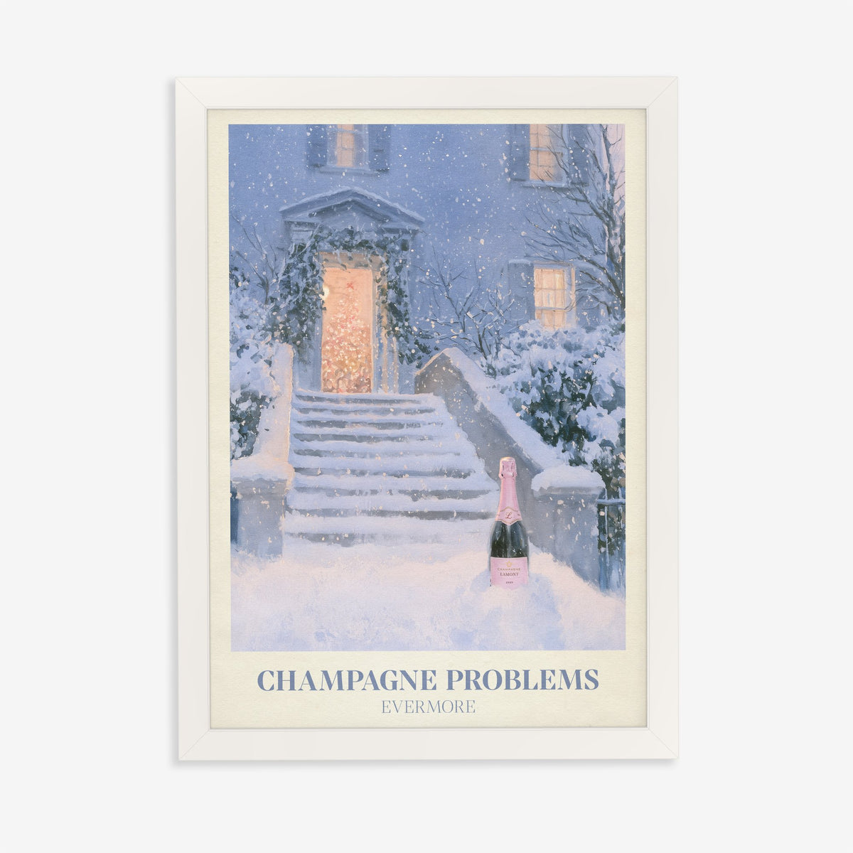 Champagne Problems Winter Taylor Swift print of champagne on snowy steps, in a white frame on a plain wall