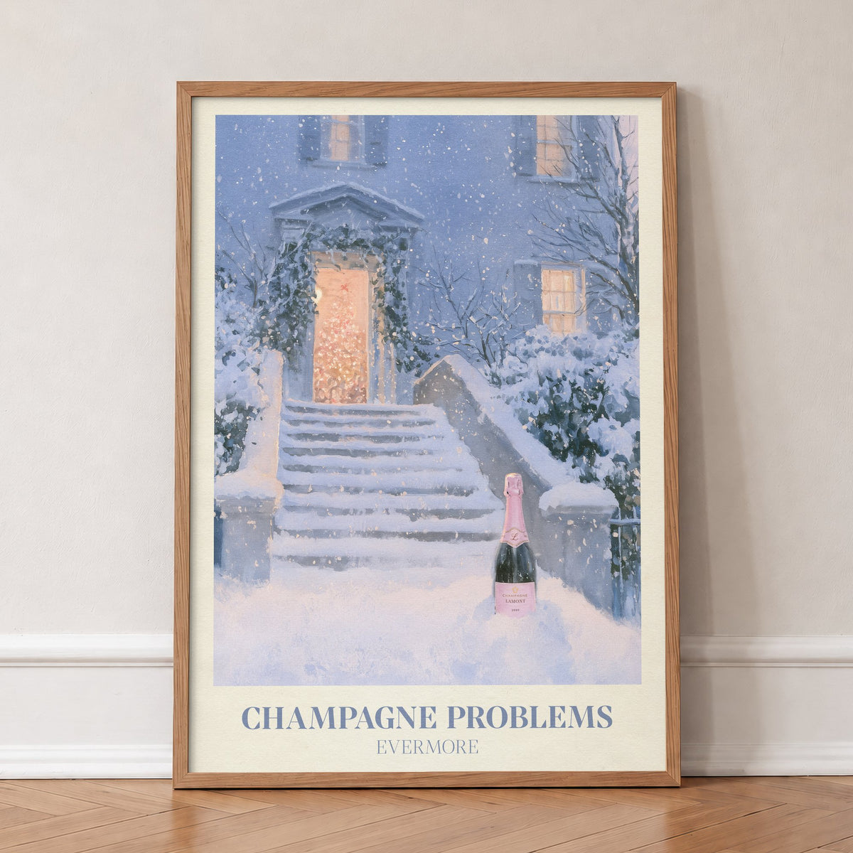 Champagne Problems Winter Taylor Swift print of champagne on snowy steps, in an oak frame, leaning against a wall on a herringbone floor