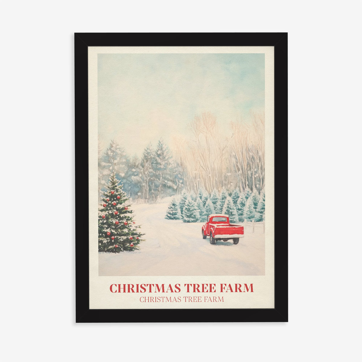 Christmas Tree Farm Taylor Swift print of a red truck on a snowy Christmas tree farm, in a black frame on a plain wall