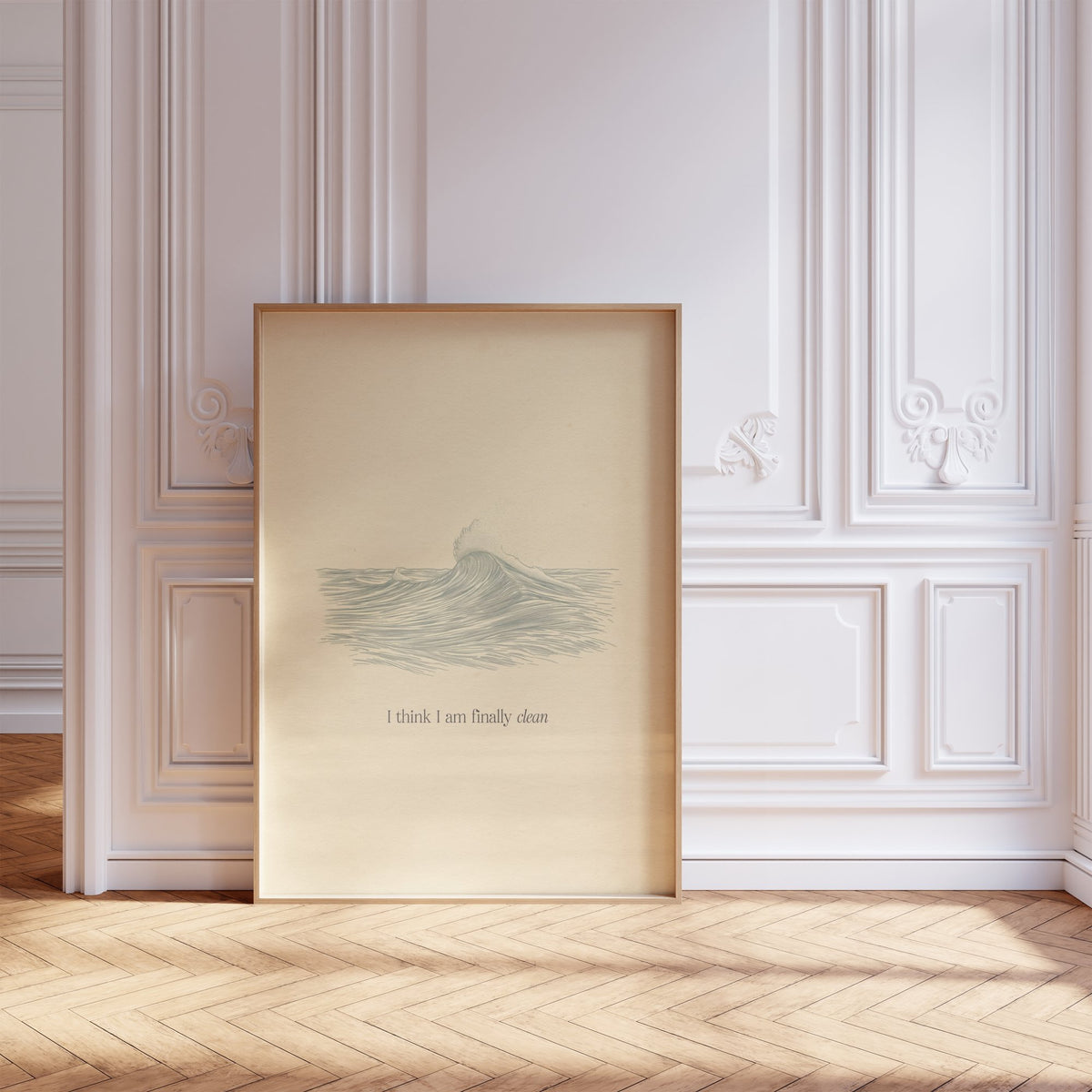 Clean Minimal Taylor Swift print of a line-drawn breaking wave on cream paper, framed, leaning against a white panelled wall