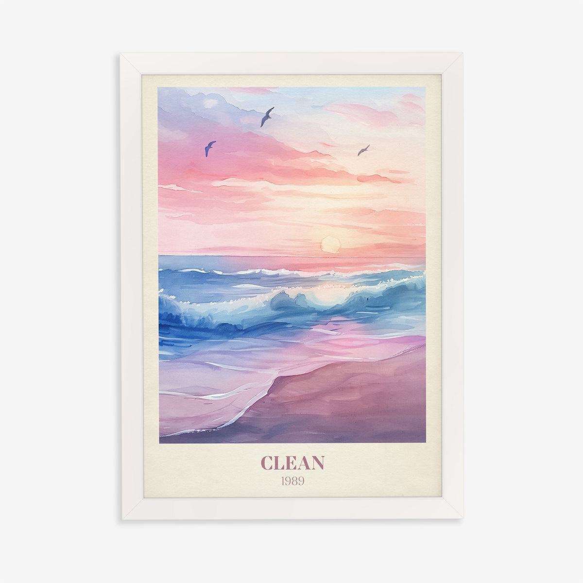 Clean Taylor Swift print of waves rolling onto a pink beach under a lilac sunset, in a white frame on a plain wall