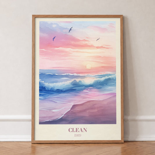 Clean Taylor Swift print of waves rolling onto a pink beach under a lilac sunset, in an oak frame, leaning against a wall on a herringbone floor