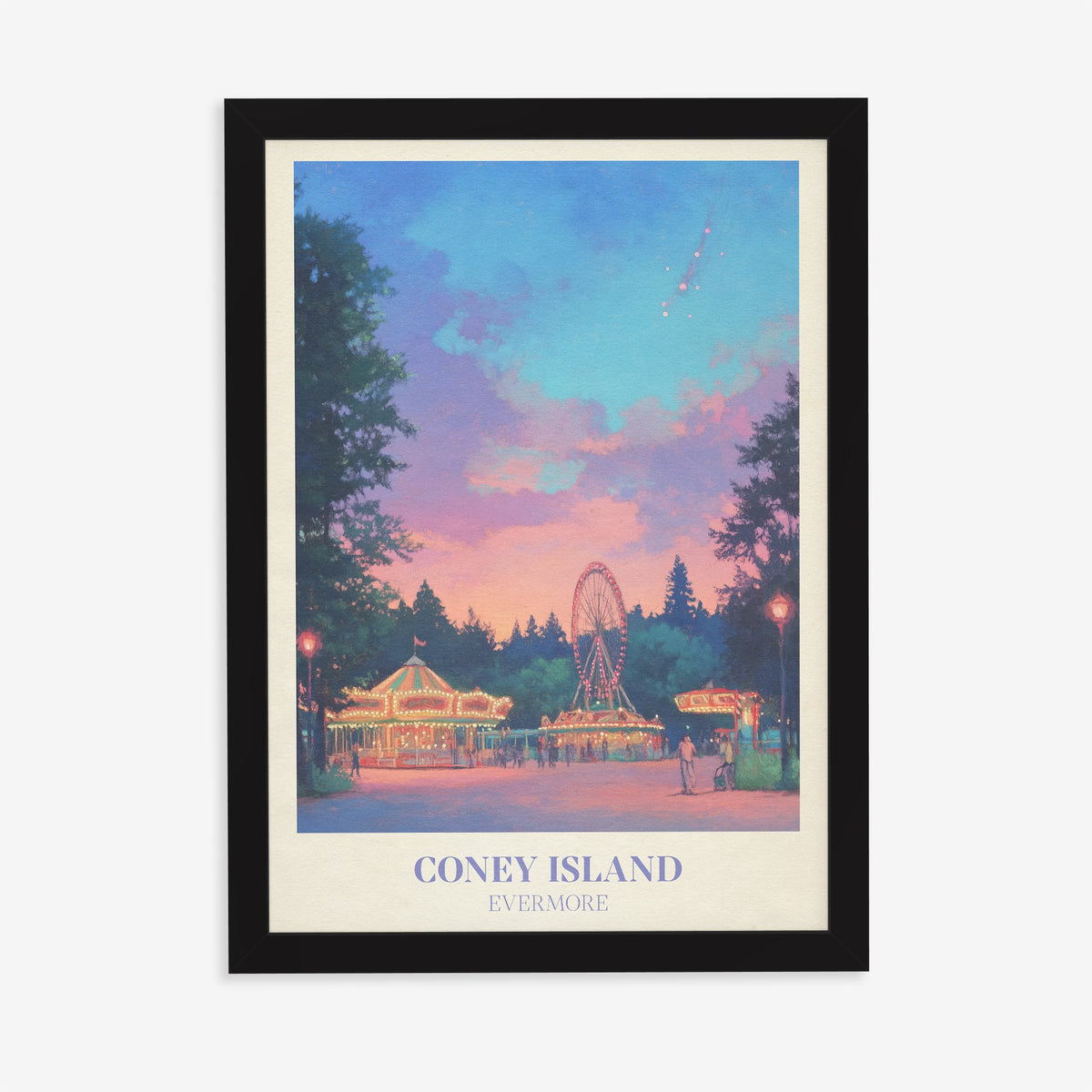Coney Island Taylor Swift print of a lit-up carousel and Ferris wheel at dusk, in a black frame on a plain wall
