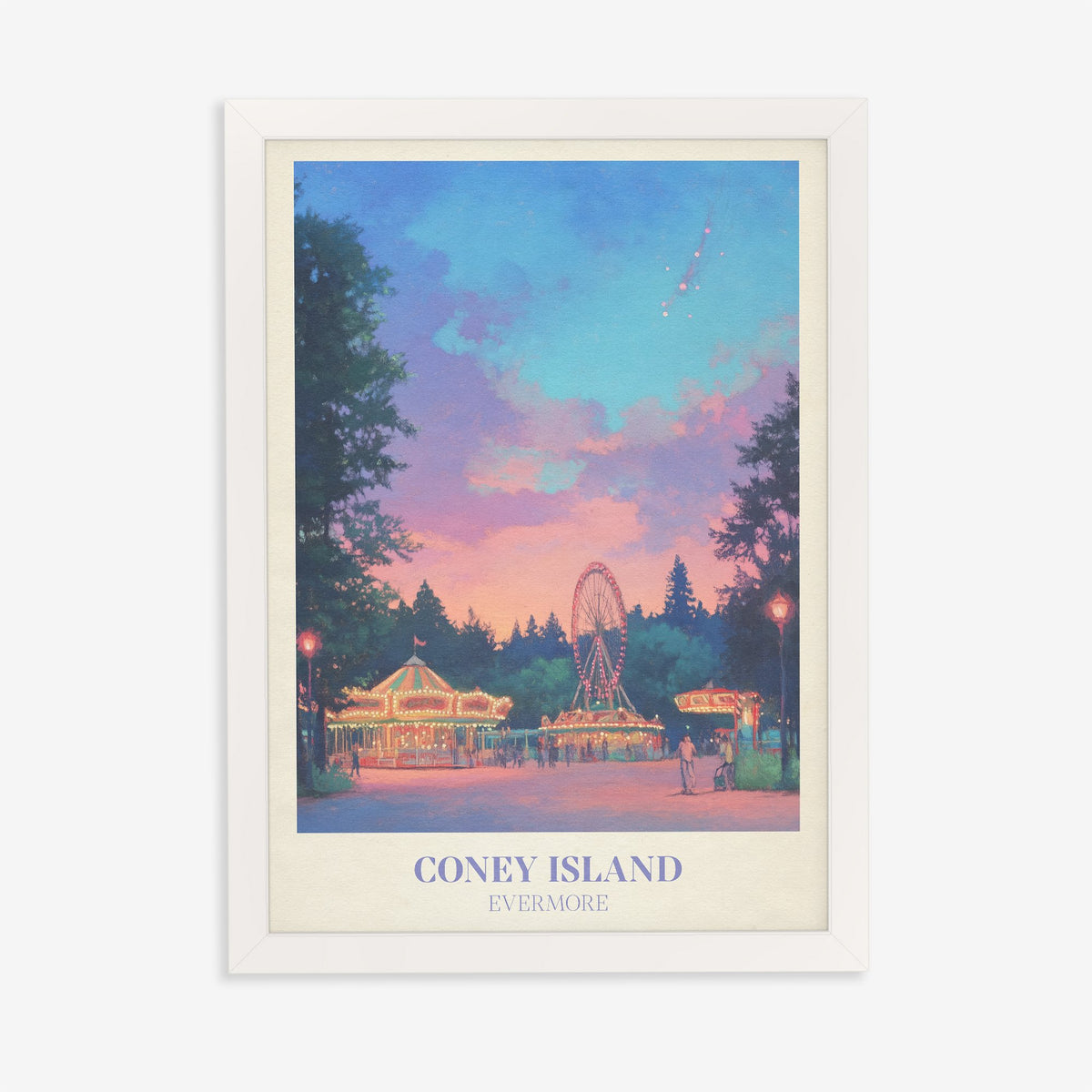 Coney Island Taylor Swift print of a lit-up carousel and Ferris wheel at dusk, in a white frame on a plain wall