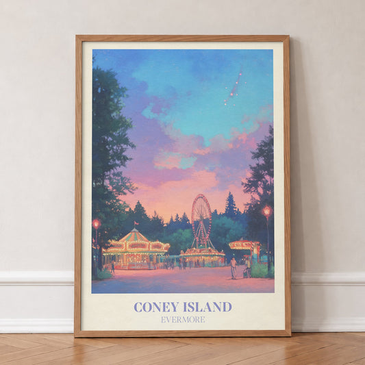 Coney Island Taylor Swift print of a lit-up carousel and Ferris wheel at dusk, in an oak frame, leaning against a wall on a herringbone floor