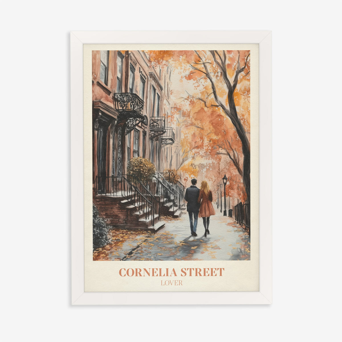 Cornelia Street Taylor Swift print of a couple walking an autumn street of brick townhouses, in a white frame on a plain wall