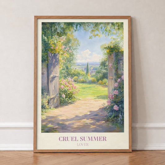 Cruel Summer Taylor Swift print of an open wooden gate onto a sunlit rose garden, in an oak frame, leaning against a wall on a herringbone floor