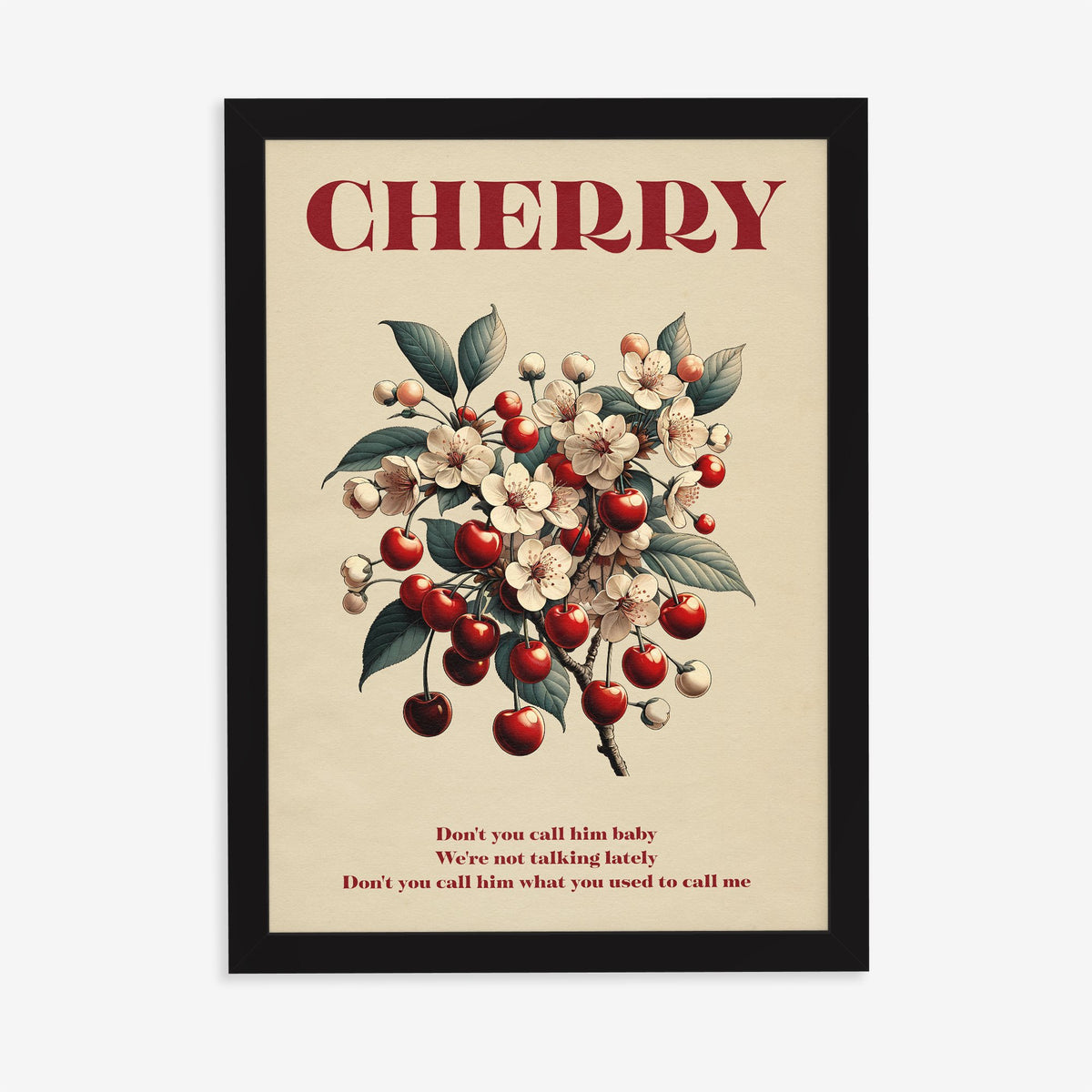 Cherry Harry Styles lyric print of cherries and white blossom, in a black frame on a plain wall