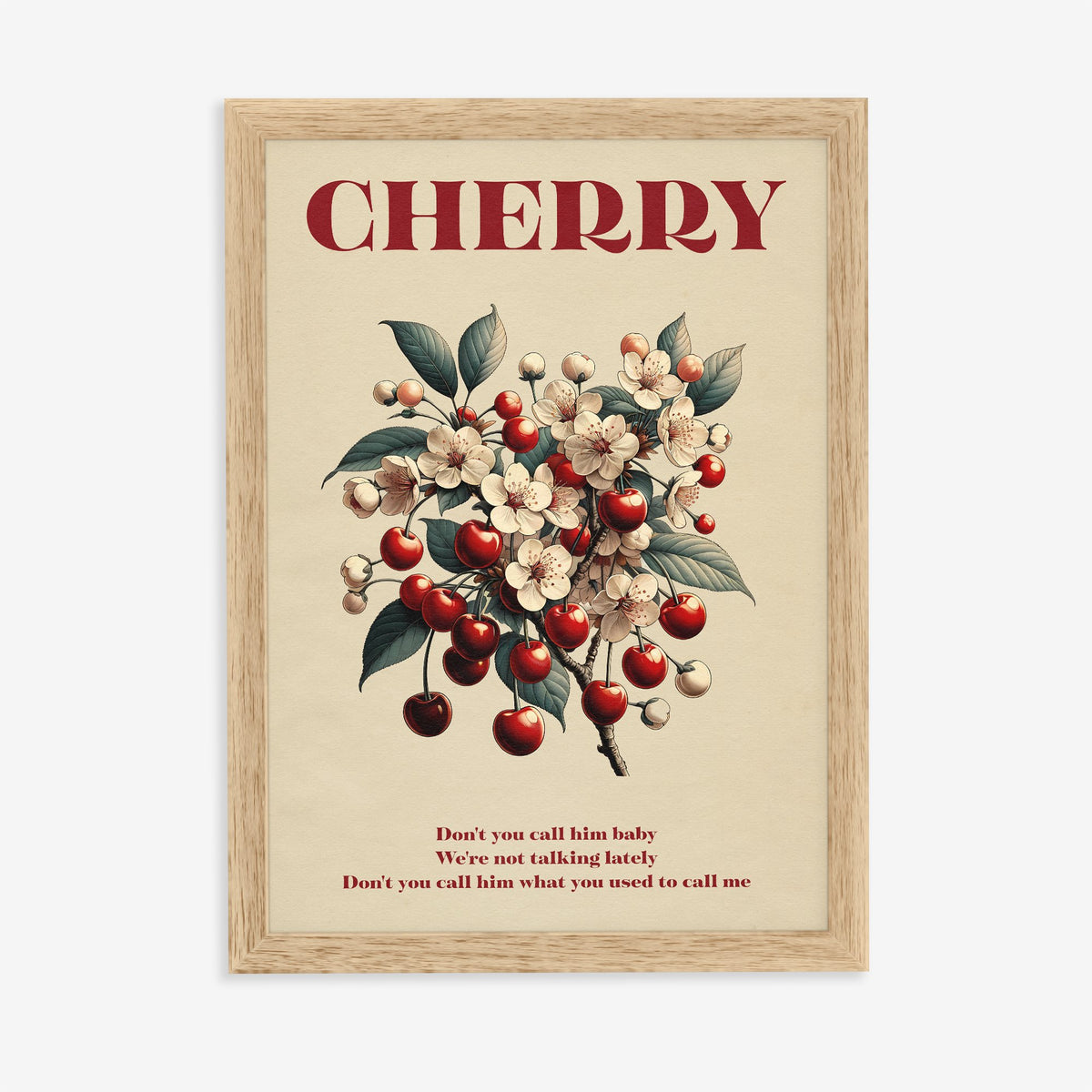 Cherry Harry Styles lyric print of cherries and white blossom, in an oak frame on a plain wall