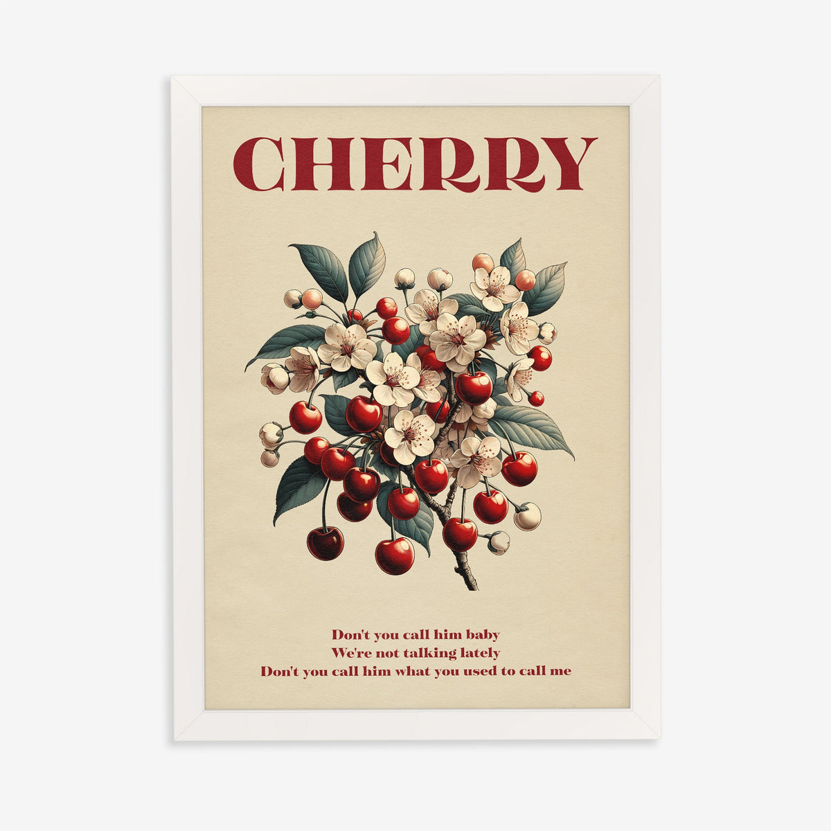 Cherry Harry Styles lyric print of cherries and white blossom, in a white frame on a plain wall