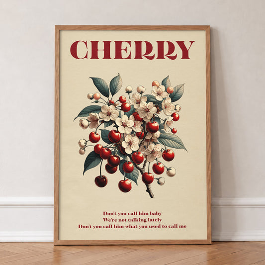 Cherry Harry Styles lyric print of cherries and white blossom, in an oak frame, leaning against a wall on a herringbone floor