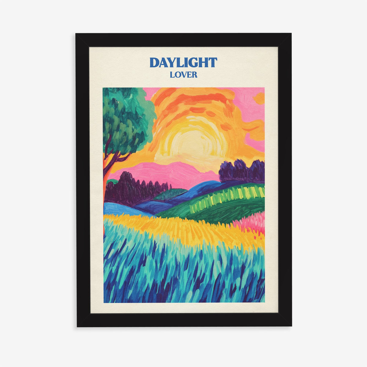 Daylight Matisse Taylor Swift print of bold fields and hills under a big yellow sun, in a black frame on a plain wall