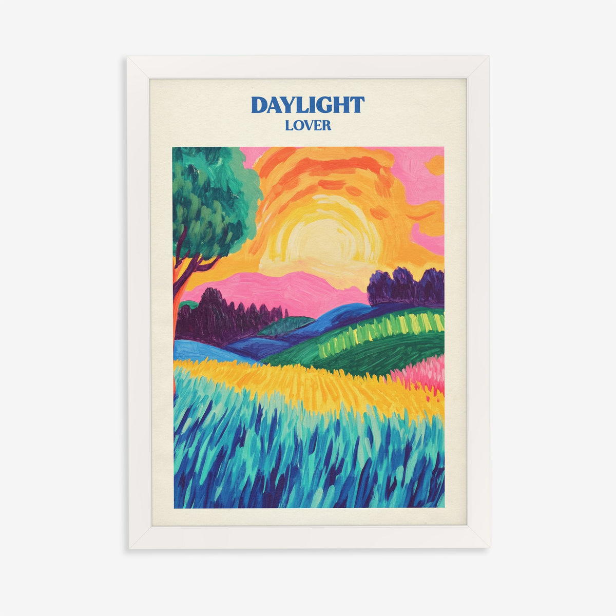 Daylight Matisse Taylor Swift print of bold fields and hills under a big yellow sun, in a white frame on a plain wall