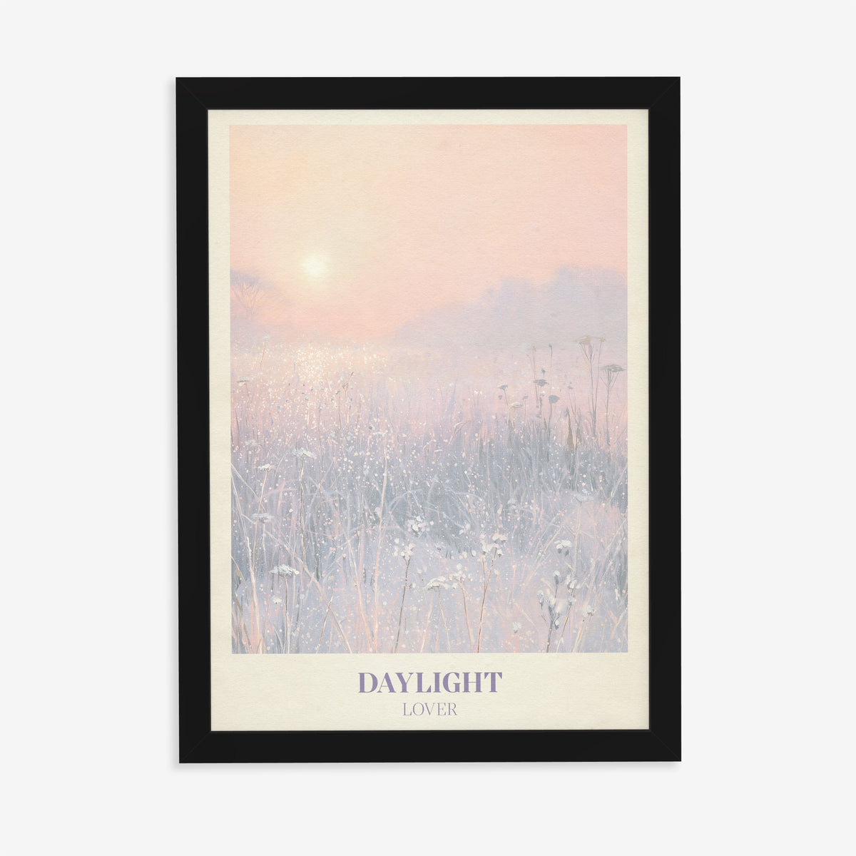 Daylight Winter Taylor Swift print of a frosty meadow at sunrise, in a black frame on a plain wall