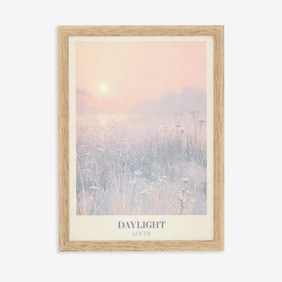 Daylight Winter Taylor Swift print of a frosty meadow at sunrise, in an oak frame on a plain wall