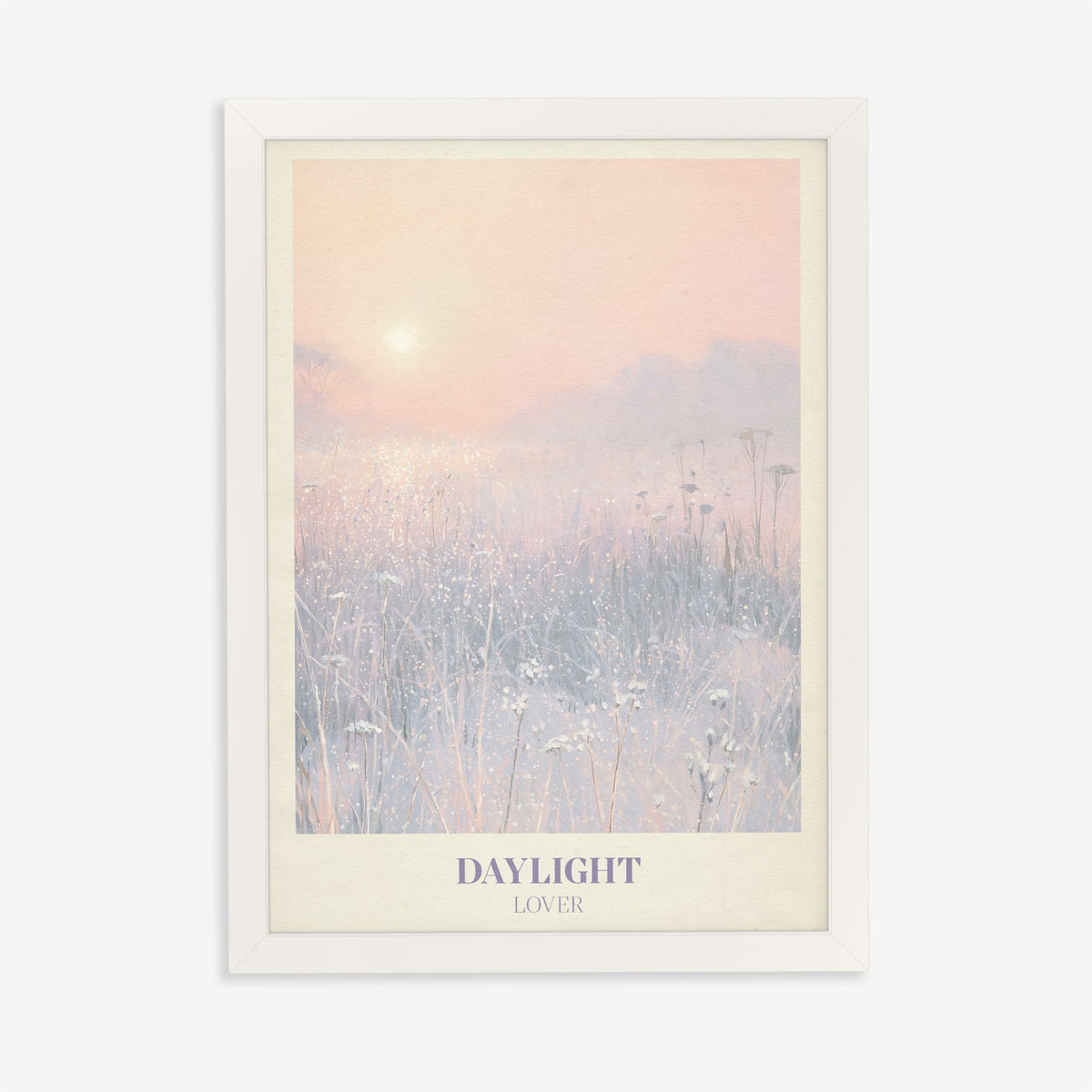 Daylight Winter Taylor Swift print of a frosty meadow at sunrise, in a white frame on a plain wall