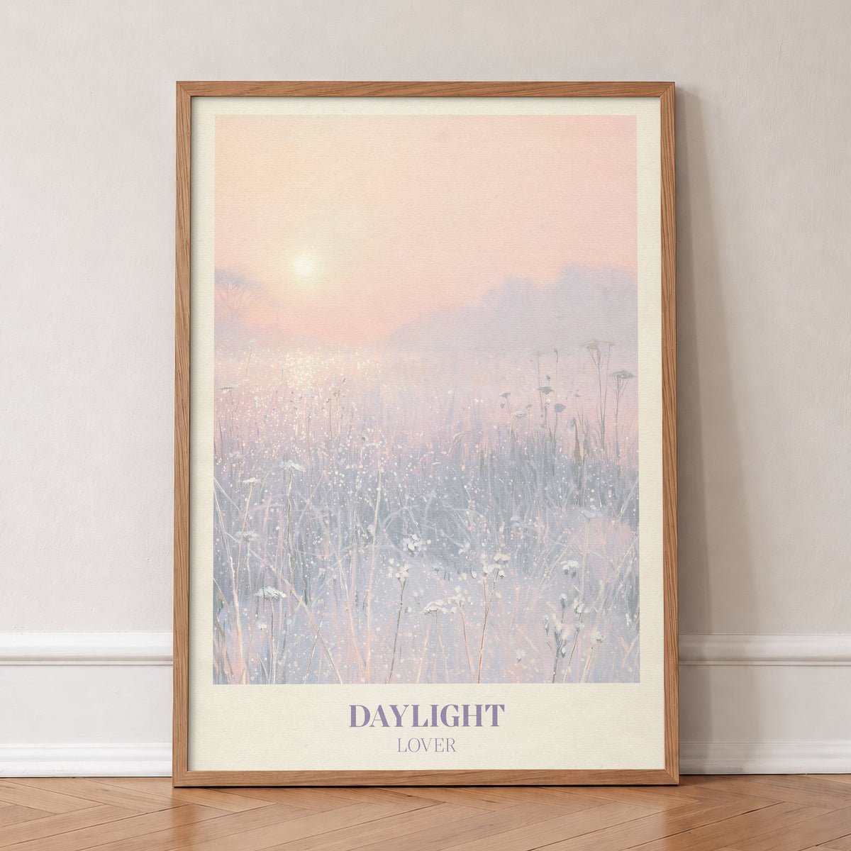 Daylight Winter Taylor Swift print of a frosty meadow at sunrise, in an oak frame, leaning against a wall on a herringbone floor