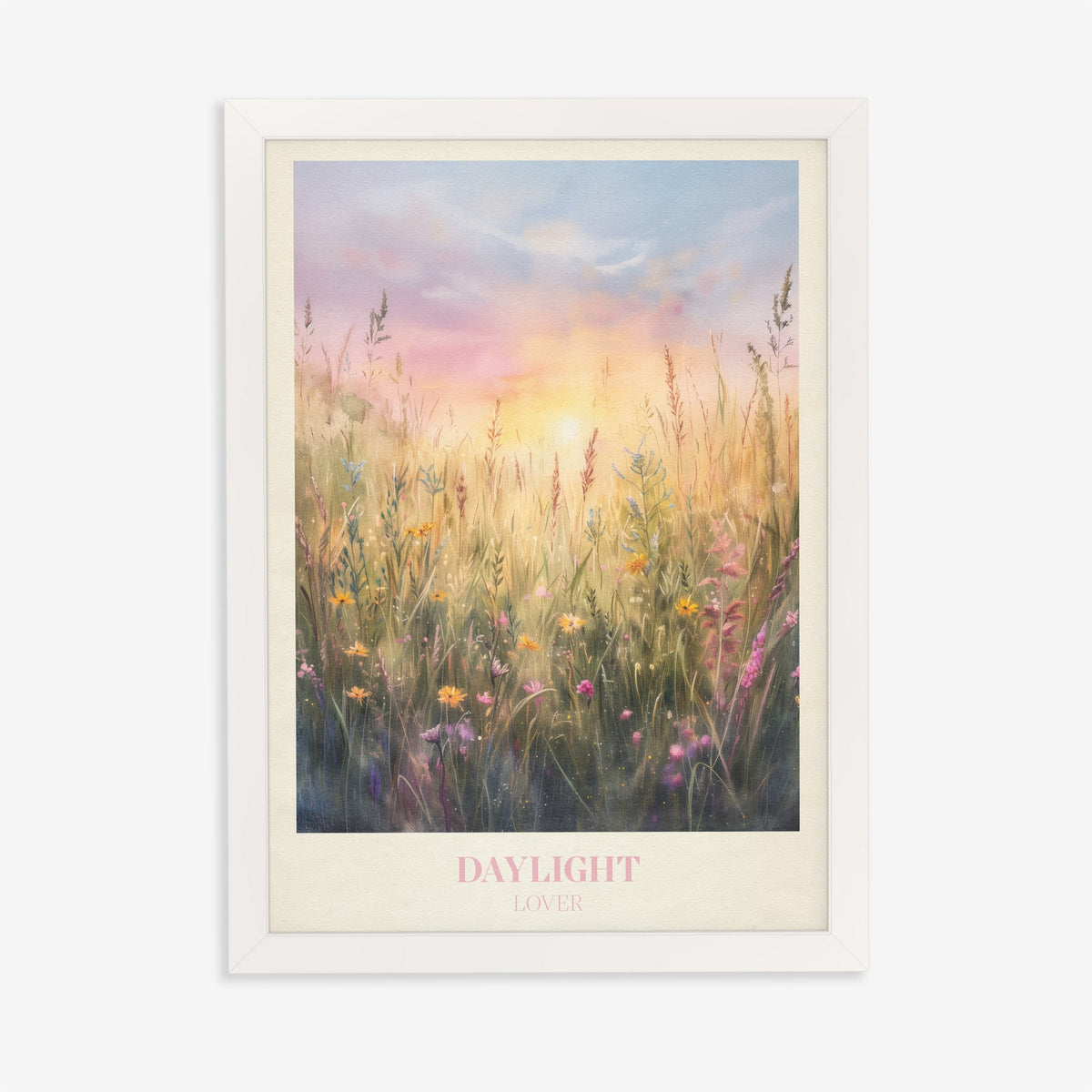 Daylight Taylor Swift print of wild grasses and flowers in golden morning light, in a white frame on a plain wall