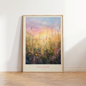 Daylight music print — a wildflower meadow at golden hour in soft pinks, lilacs and warm gold inspired by Taylor Swift's Lover album