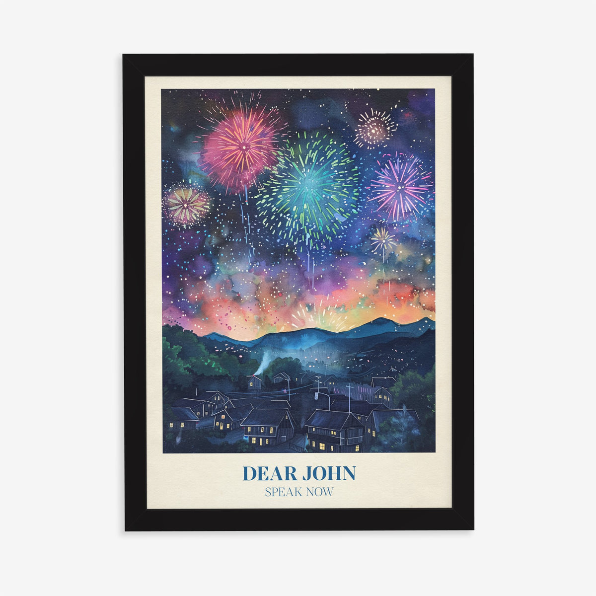 Dear John Taylor Swift print of fireworks over a sleeping town at night, in a black frame on a plain wall
