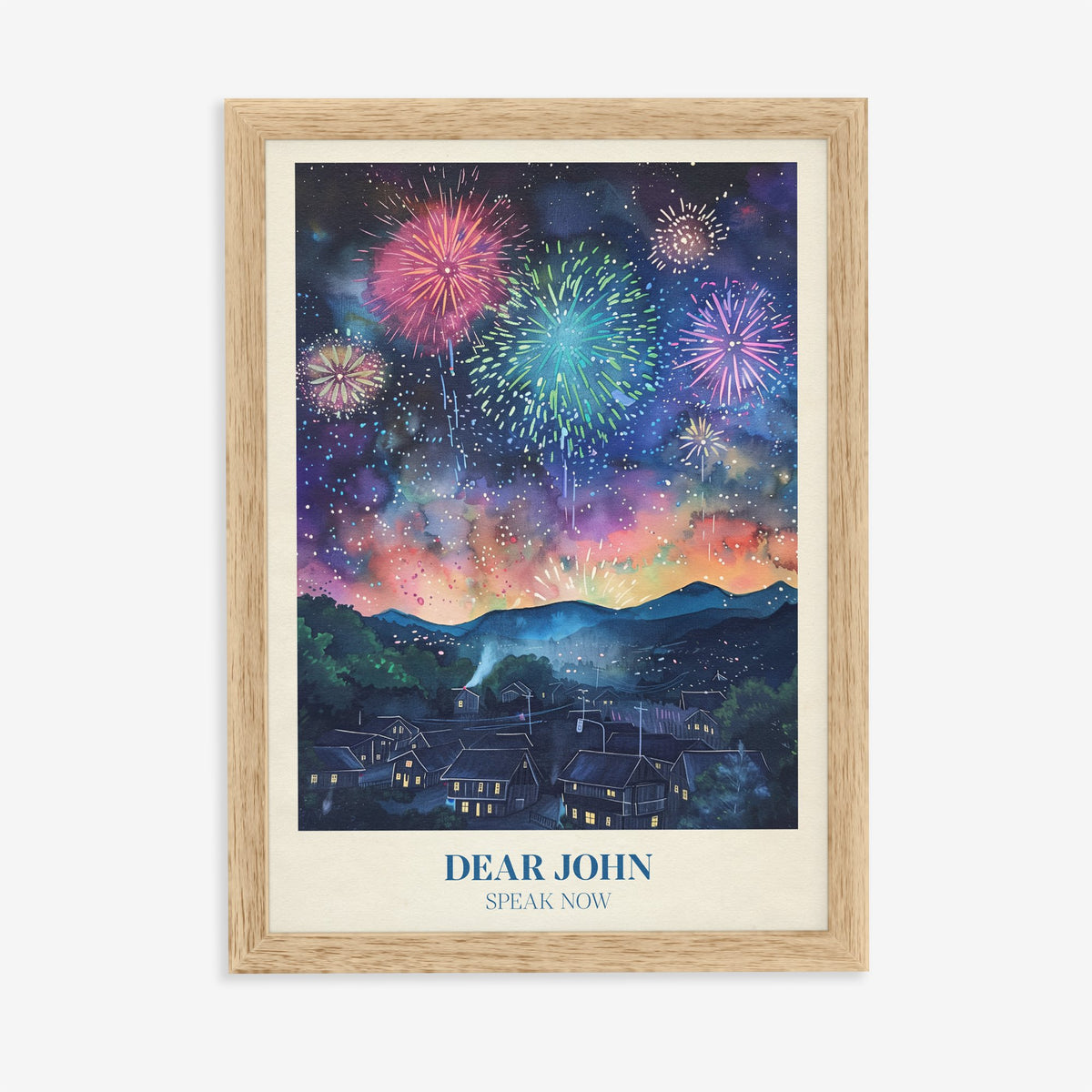 Dear John Taylor Swift print of fireworks over a sleeping town at night, in an oak frame on a plain wall