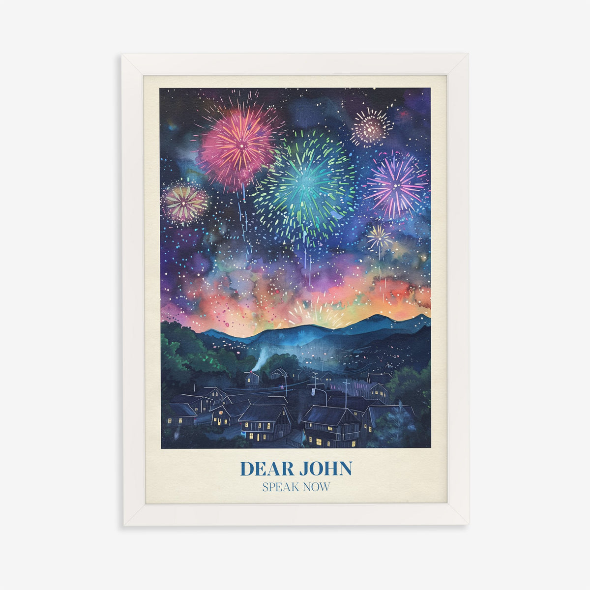 Dear John Taylor Swift print of fireworks over a sleeping town at night, in a white frame on a plain wall