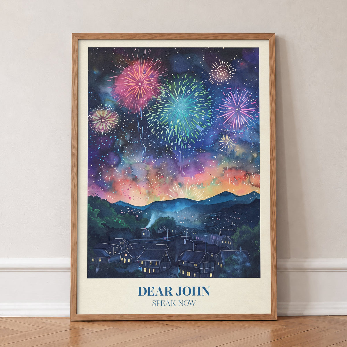 Dear John Taylor Swift print of fireworks over a sleeping town at night, in an oak frame, leaning against a wall on a herringbone floor
