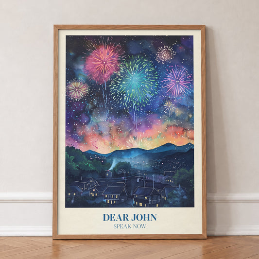 Dear John Taylor Swift print of fireworks over a sleeping town at night, in an oak frame, leaning against a wall on a herringbone floor