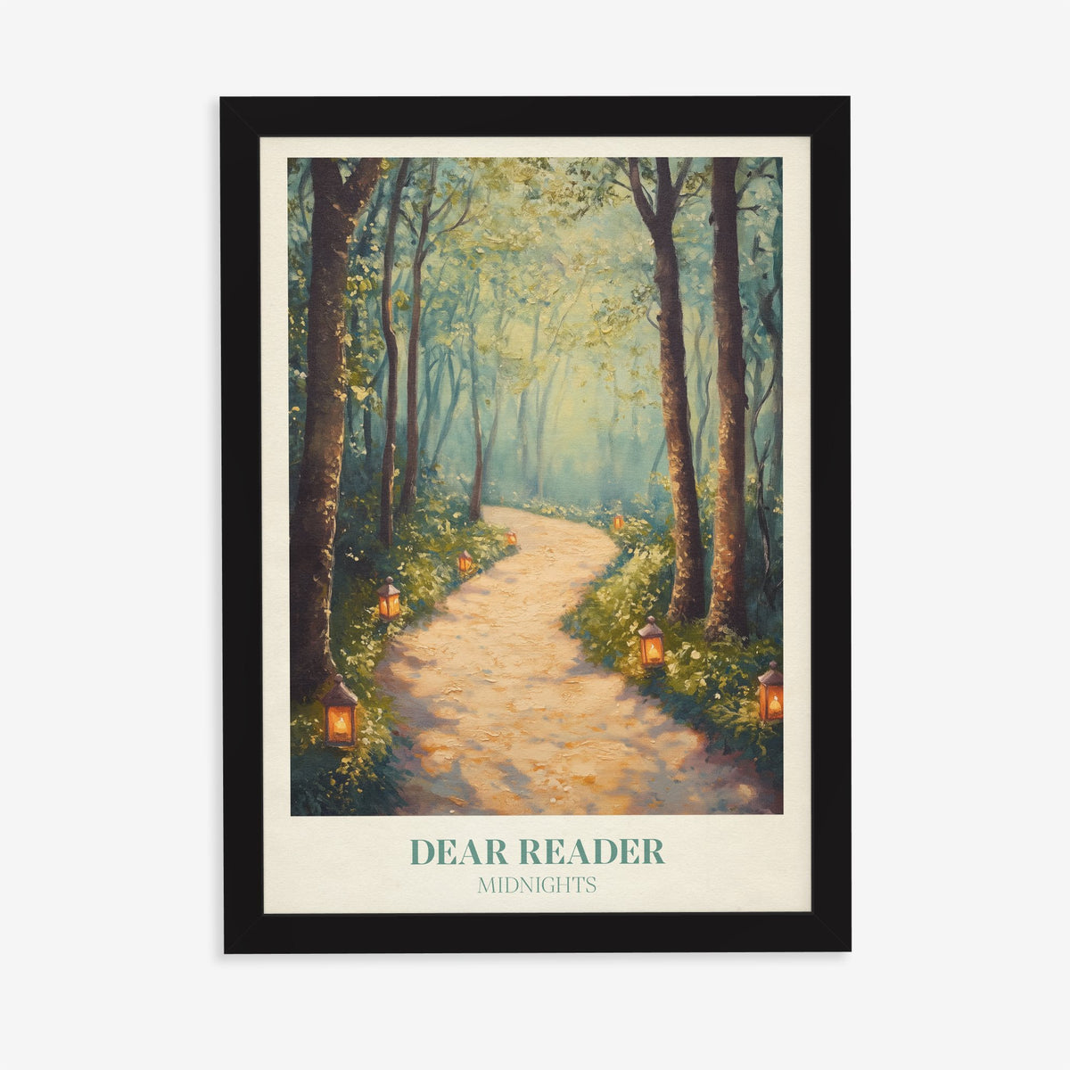 Dear Reader Taylor Swift print of a sunlit woodland path with small lanterns, in a black frame on a plain wall